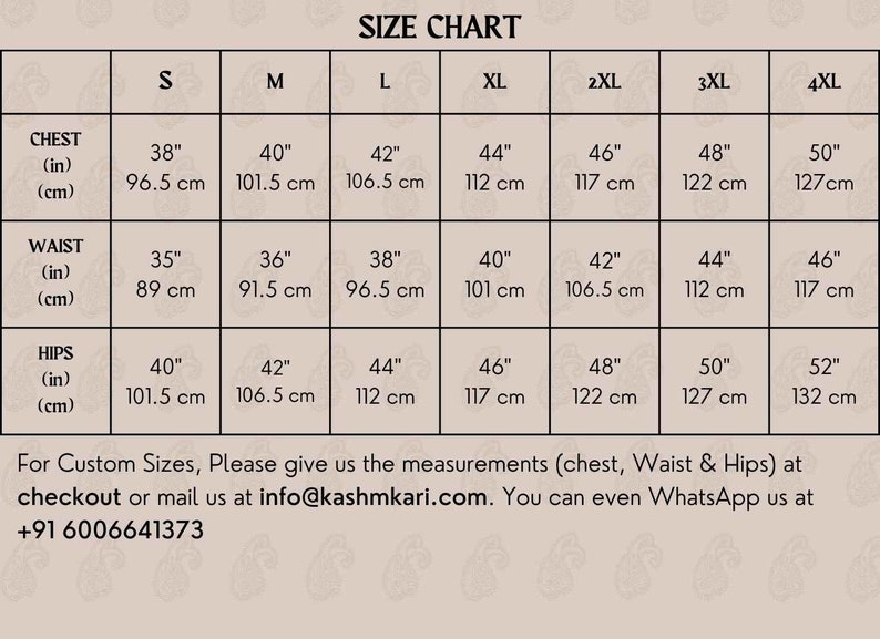 May include: Size chart for clothing with measurements in inches and centimeters. The chart includes sizes S through 4XL for chest, waist, and hips.