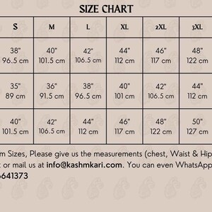 May include: Size chart for clothing with measurements in inches and centimeters. The chart includes sizes S through 4XL for chest, waist, and hips.
