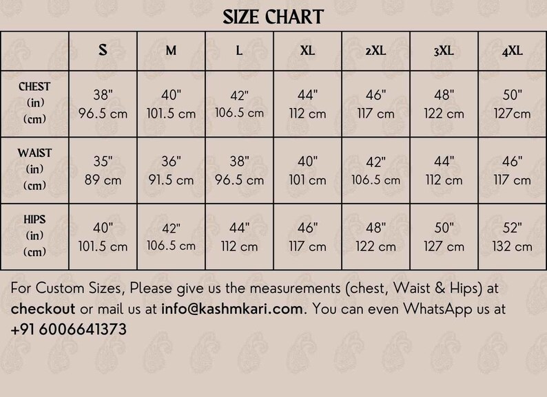 May include: Size chart for clothing with measurements in inches and centimeters. The chart includes sizes S through 4XL for chest, waist, and hips.