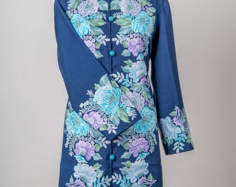 Icy Bloom Pure Wool Long Jacket with Aari Hand Embroidery