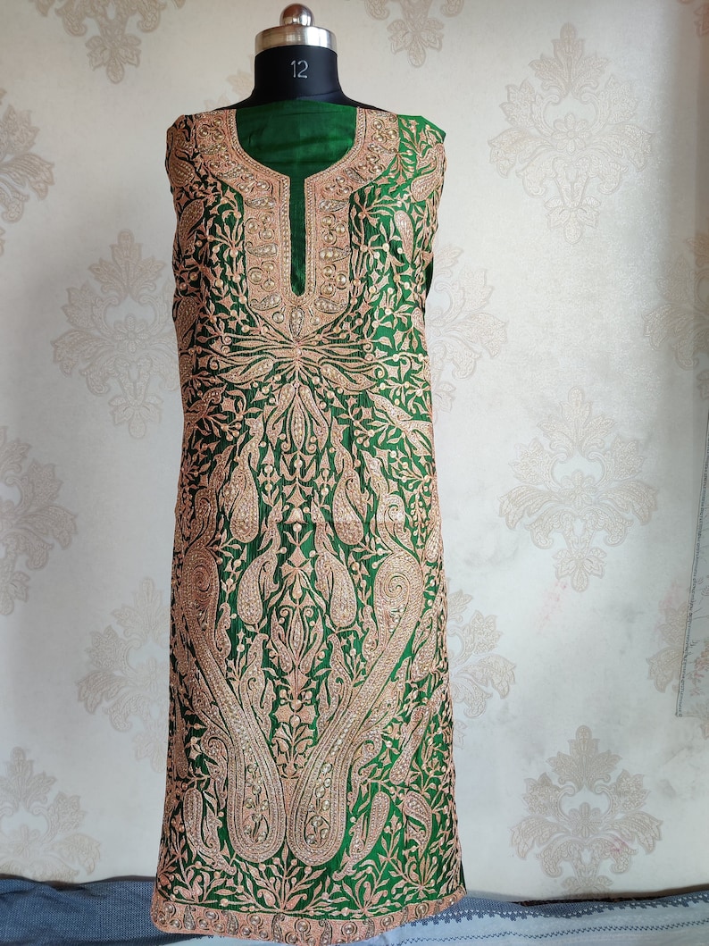Dark green Raw Shimmer Silk Fully Embroidered Kashmiri Suit with Beautiful Organza Duppata main image 1