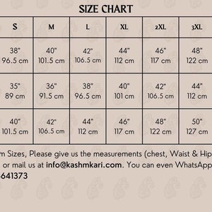 May include: Size chart for clothing with measurements in inches and centimeters. The chart includes sizes S through 4XL for chest, waist, and hips.