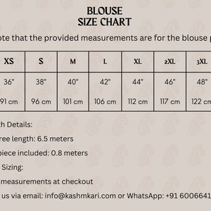 May include: Blouse size chart with chest measurements in inches and centimeters. Sizes range from XS (36"/91 cm) to 4XL (50"/127 cm). Saree length details: total saree length 6.5 meters, blouse piece included 0.8 meters.