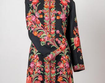 Meadow Charm Aari Hand-Embroidered Long Jacket in Pure Wool