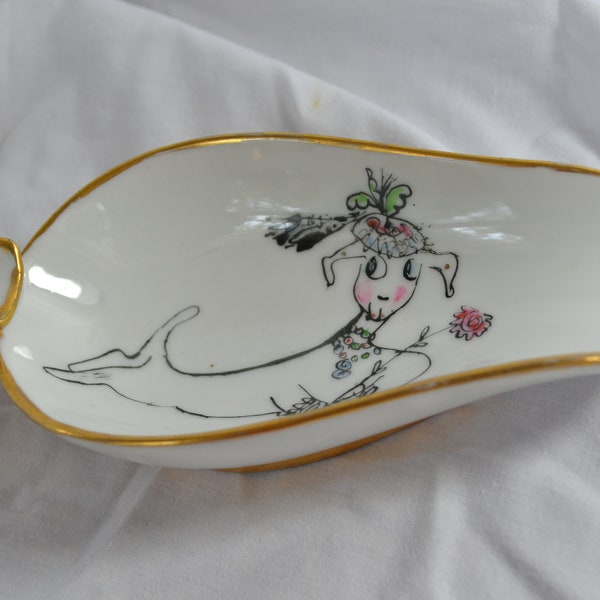 vintage MCM mid century ashtray hand painted poodle gold trimmed anthropomorphic Paris apartment eclectic/offered by bastionedbeatnik 4 gift