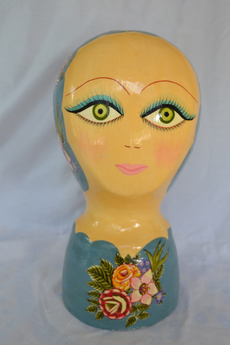Vintage Papier Mache Paper Mache Head Bust April Cornell Hat Scarf