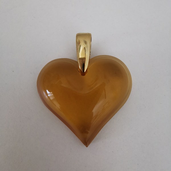 LALIQUE Vintage Yellow Crystal Heart  Necklace Pendant 80s FRANCE