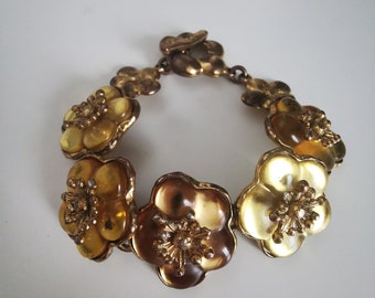 KENZO Vintage Flower Lucite Bracelet Gold Metal 80s FRANCE