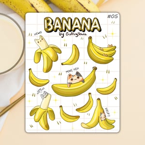 Feuille d'autocollants banane, feuille d'autocollants chat, scrapbooking, journalisation, feuille d'autocollants en vinyle, feuille d'autocollants chat mignon, planificateurs