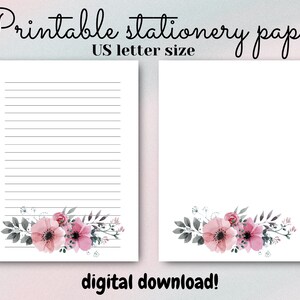 Floral stationery paper, printable stationery set, lined, unlined, US letter size, writing paper, penpal, notes, printable, letter writing