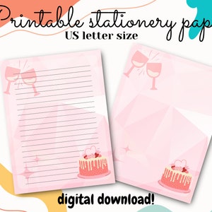 Birthday pink cake stationery paper, printable stationery paper, lined unlined, PDF download, writing paper, Anniversary, digital print