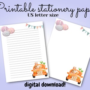 Easter bunny car printable stationery writing paper, stationery set, lined, unlined, Easter day, digital download, letter writing