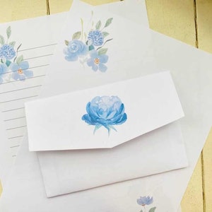 Blaues Blumen Briefpapier mit Umschlag, digitaler Download, US Letter, liniert unliniert, Blumen bedruckbares Papier, 3er-Set