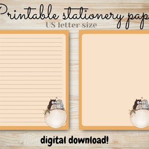 Sleeping owl printable stationery paper, stationary set, writing paper, set of 2, digital download prints, lined, letter, penpal unlined