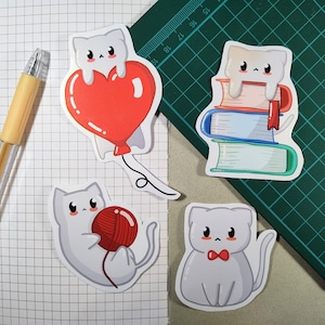 Autocollants de chat mignon, sac à main autocollant, autocollants de papeterie, autocollants en vinyle, amoureux des chats, autocollant pour ordinateur portable, autocollants de chat gris