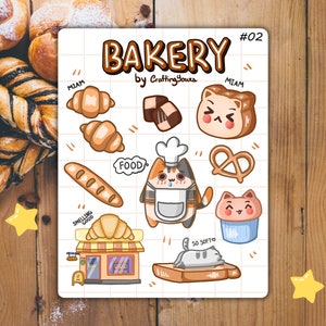 Feuille d'autocollants de boulangerie, feuille d'autocollants en vinyle, autocollants de chat mignon, journalisation, scrapbooking, planificateurs, autocollants de journal de balle, papeterie