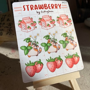 Feuille d'autocollants fraise, autocollants en vinyle, autocollants chat, feuille d'autocollants chat, papeterie mignonne, scrapbooking, correspondant, journalisation, planificateur, lait