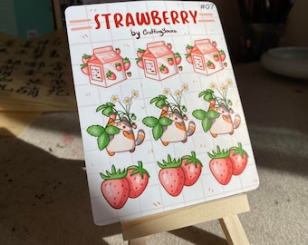 Strawberry Cat Vinyl Sticker Sheet, Cute Stationery