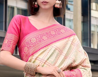 Tradycyjne Saree, Banarasi Silk Saree dla kobiet na wesele, imprezę, święta Różowe, niebieskie stylowe bluzki Sari