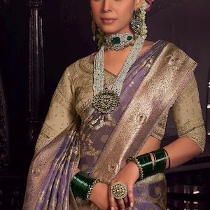 lavender Purple soft silk saree and dark purple contrast embroidery work designer blouse for women wedding,party,festive image 1