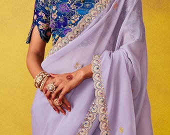 Indian Wedding Wear Saree: Lavender Silk Sari, Festive Sarees, Reception Party Women,Trendy Sari color, purple saree,tissue silk sari