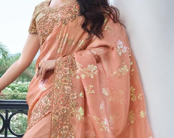 Wedding Saree,Modern Silk Saree ,Saree For USA Women, Designer Saree, Party Wear Saree, ,Wedding Wear Saree, peach color Saree, Saree.