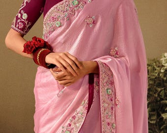Pink Silk Saree with Embroidered Stitched Blouse – Festive Party Wear Indian Dress