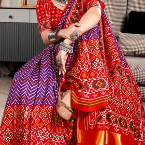 Sari Purple Red,Patola Silk Tusser Saree wedding Saree party wear Saree with ready blouse,saree with lagadi patta,patola pallu