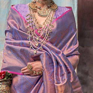 Designer Purple Lavender Blue Wedding saree For women with Stitched Blouse and Weaving