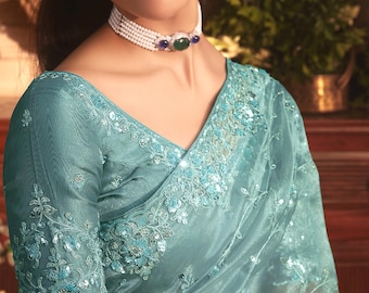 Embroidered Organza Silk Saree with Contrast Blouse – Wedding Party Wear Sari