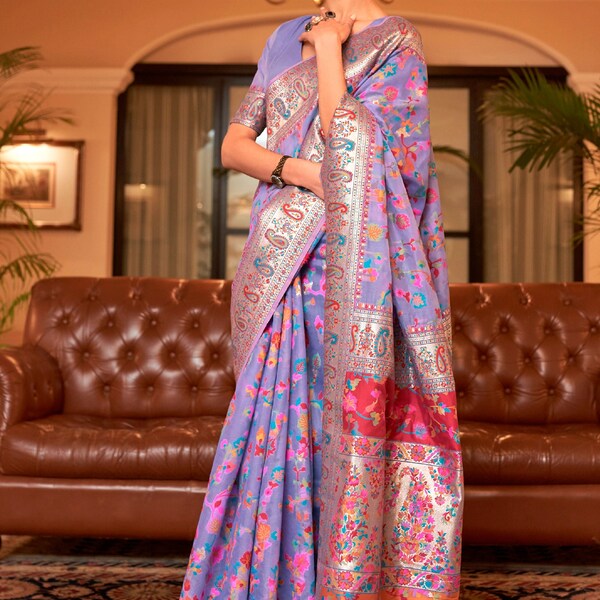 Women's Satin Silk Lavender Embroidered Designer Saree With Blouse Piece