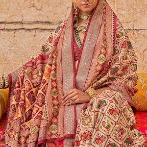 Patola Silk Saree Budget Friendly Ready to Wear Blouse Patola Print Pure Silk in white Red Latest patola Sari