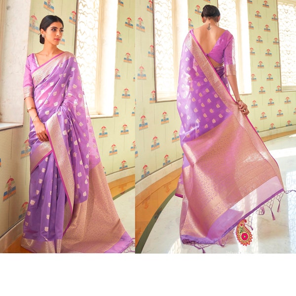 Women's Silk Blend Lavendar WovenDesign HandloomSaree With Blouse Piece