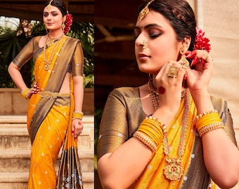 Gelb Golden Kanjivaram Seide Saree und Bluse für Frauen Party, festlich, Ethnic Wear exklusive Traditionelle Designer Sari
