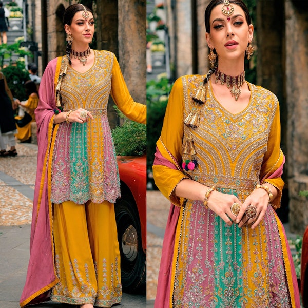 Premium Wedding / Ethnic Wear Yellow New Kurta Sharara set,Fully Work Embroidered Salwar Kameez Readymade, Eid Special,Suits for Haldi