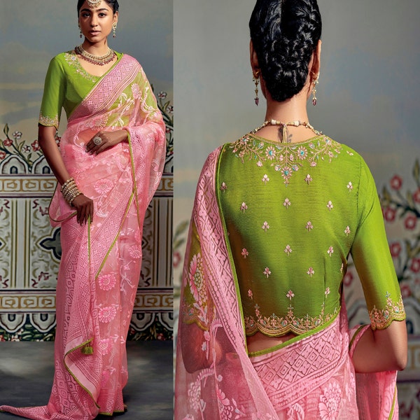 Pink Sabyasachi Pure Organza Brasso Silk Saree  in Pink color ,Gift for her, Diwali Christmas Gift,Readymade Blouse