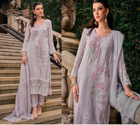 Buy Online Net Embroidered Trendy Salwar Kameez in Lavender : 243924 -
