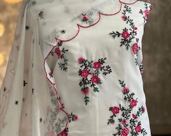 Embroidered Off White Salwar Kameez Suit: Kota Doria Cotton Kurti, Palazzo Pants, Dupatta