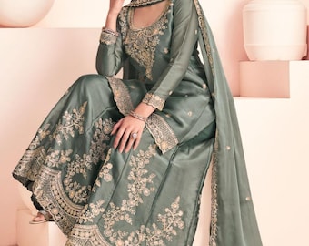 Bestickte Seide Partywear Kurta Plazo Set mit Dupatta, indisches pakistanisches Hochzeitskleid