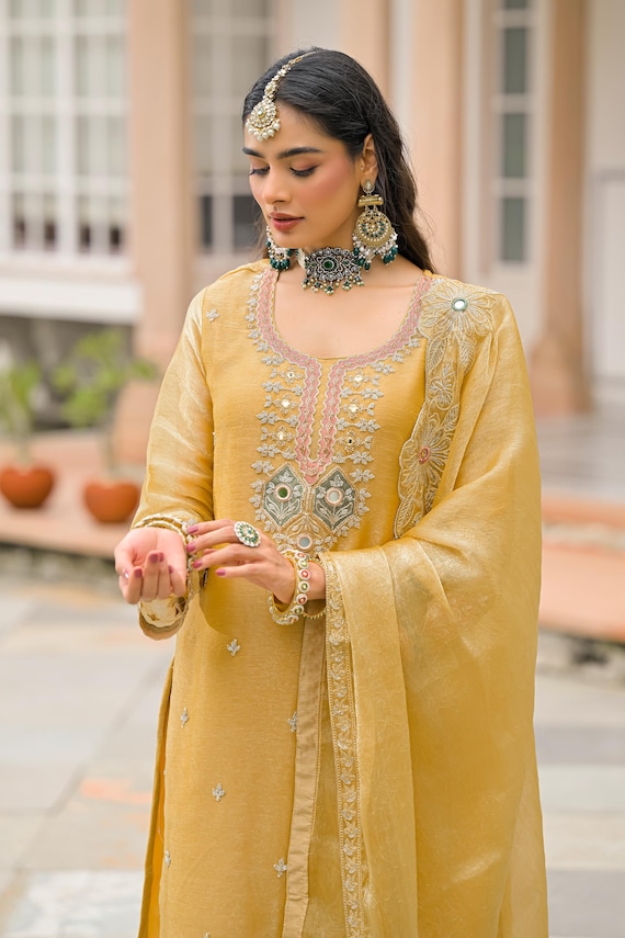 Latest Yellow Pakistani Indian Salwar Kameez Party Wear Women Dress Readymade Plazzo Suit Wedding Eid, Rakhi,Diwali Gift
