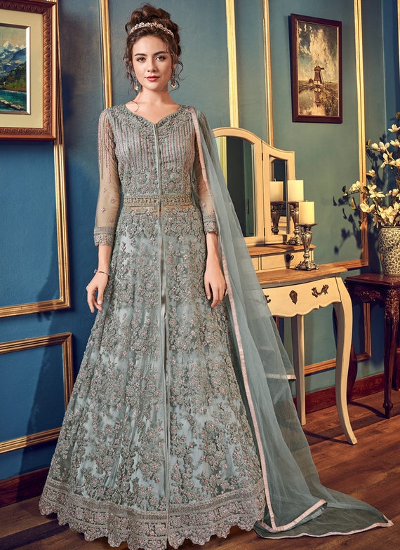 Gray Mauve Designer Heavy Embroidered Wedding Anarkali Gown | Saira's  Boutique