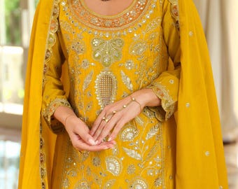 Último atuendo Haldi, último Salwar Kameez indio pakistaní amarillo, ropa de fiesta, traje Plazzo confeccionado, función haldi, atuendo mehendi para niña, mujeres