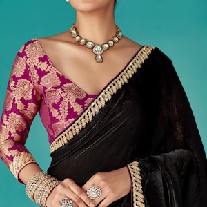 Partywear Black Silk Saree , Saree For USA Women, Designer Saree, Party Wear Saree, black sari,Wedding Saree, Black Saree, stitched Blouse