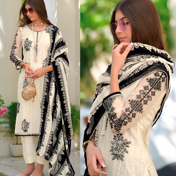 White Black Pakistani Indian Wedding Party Wear Designer Salwar Kameez Plazzo Suits Ready to Wear With Dupatta Dress Readymade