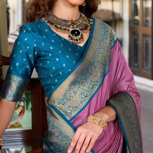Sari di seta rosa e viola, sari per donne americane, sari di design, sari da festa, sari da sposa, sari viola, camicetta blu con cuciture