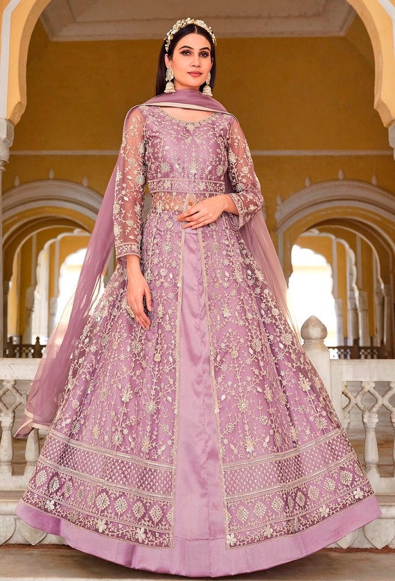 Pink Mauve Designer Heavy Embroidered Lehenga Style Anarkali Suit | Saira's  Boutique