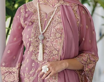 Pink Organza Salwar Kameez, Bollywood Embroidery Suit, Pakistani Dress