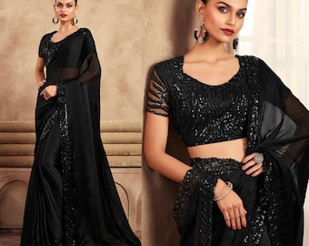 Black Silk Saree, Sari With Stitched Blouse, Ready to Wear Indian Designer Saree, Partywear Readymade Saree, Indian Wedding Wear Silk Saree