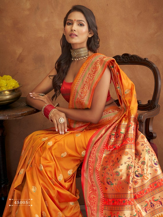 Beautiful Yellow Paithani Silk Saree,Paithani Saree yellow, Silk Saree For Women Wedding Silk