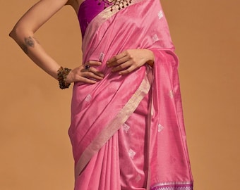 Pink Silk saree and blouse for women, wedding saree, saree dress, indian saree, Designer saree, pink saree
